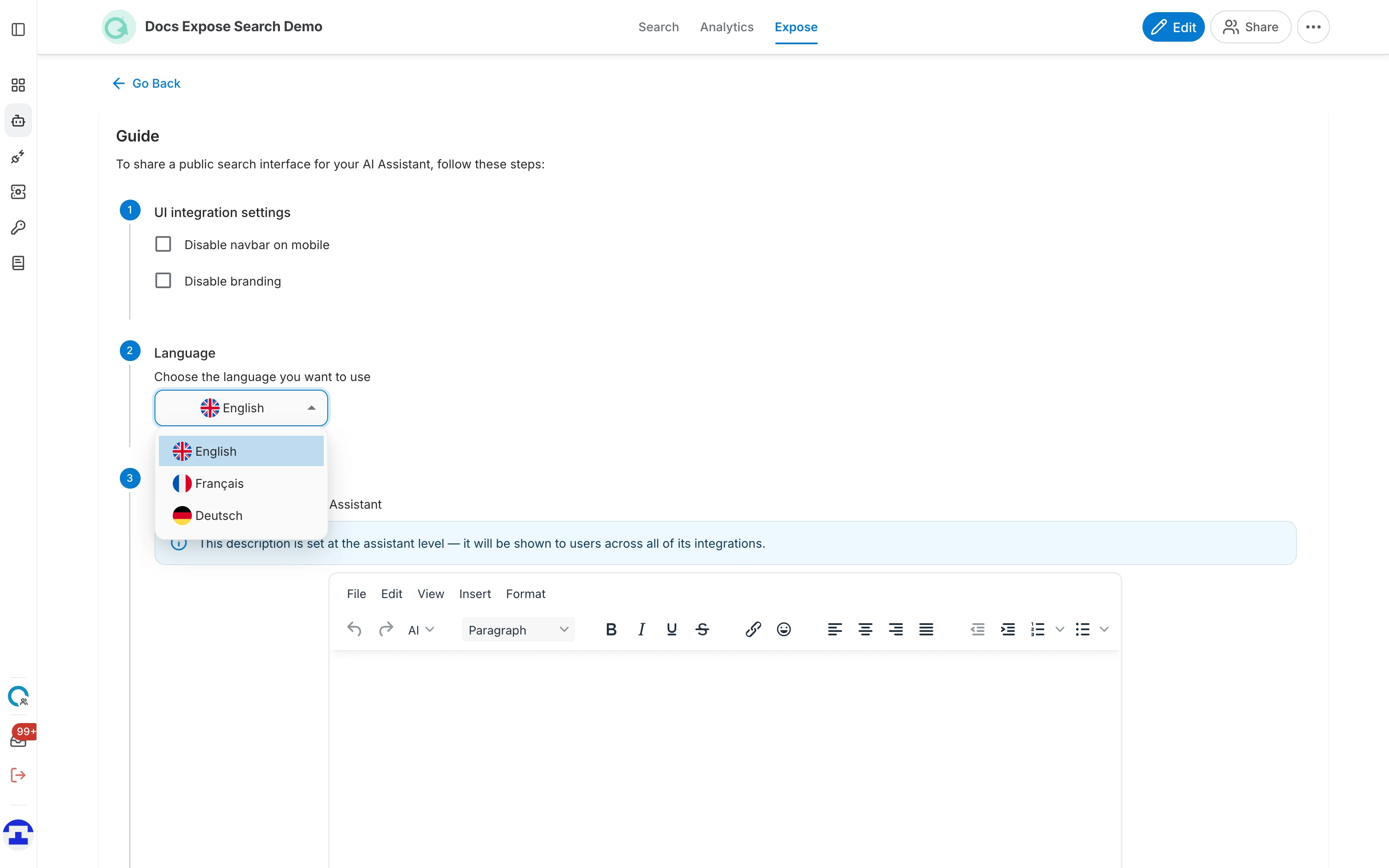 The language list open on the search interface guide