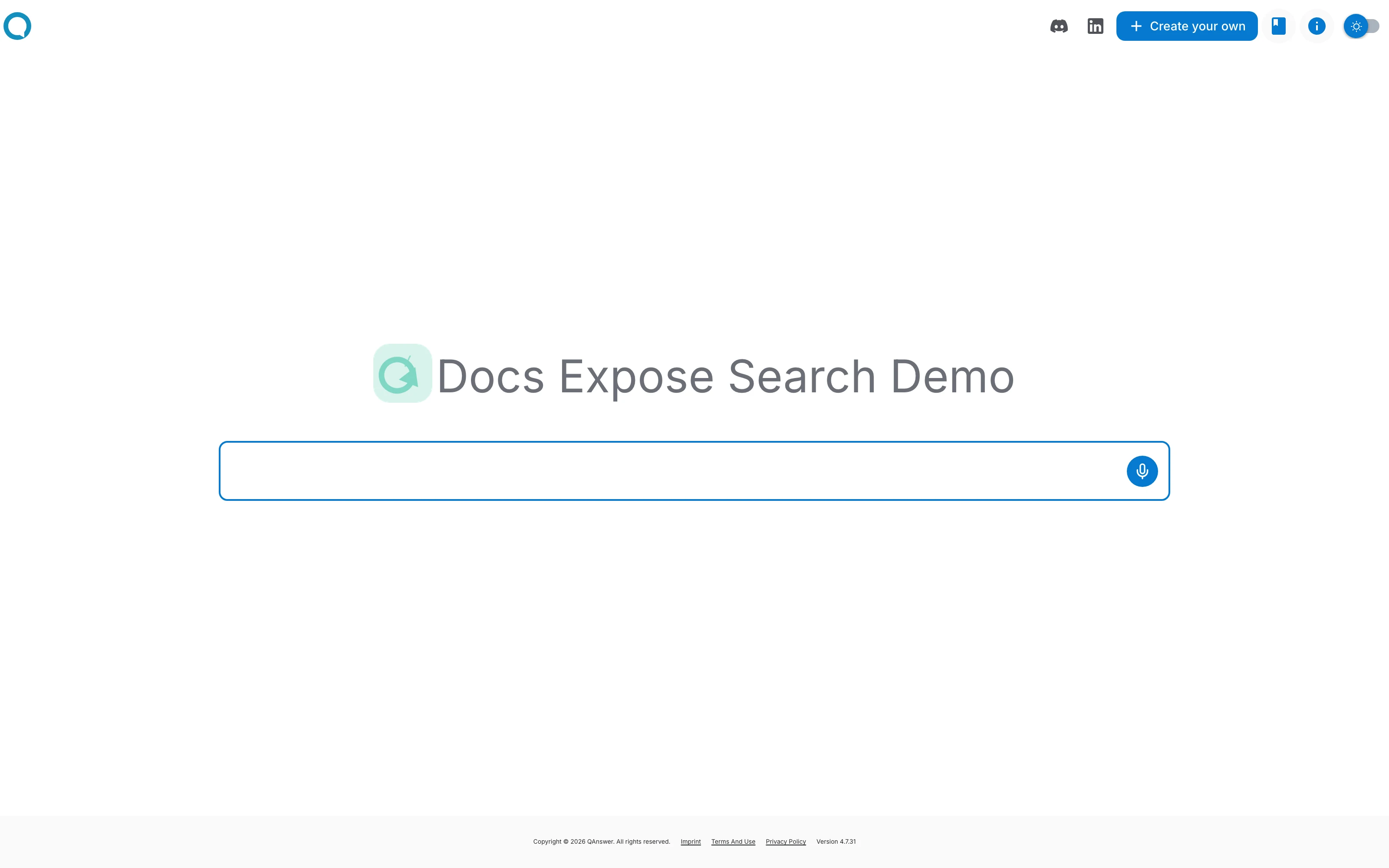 The public search page for an assistant, with its name and a search box