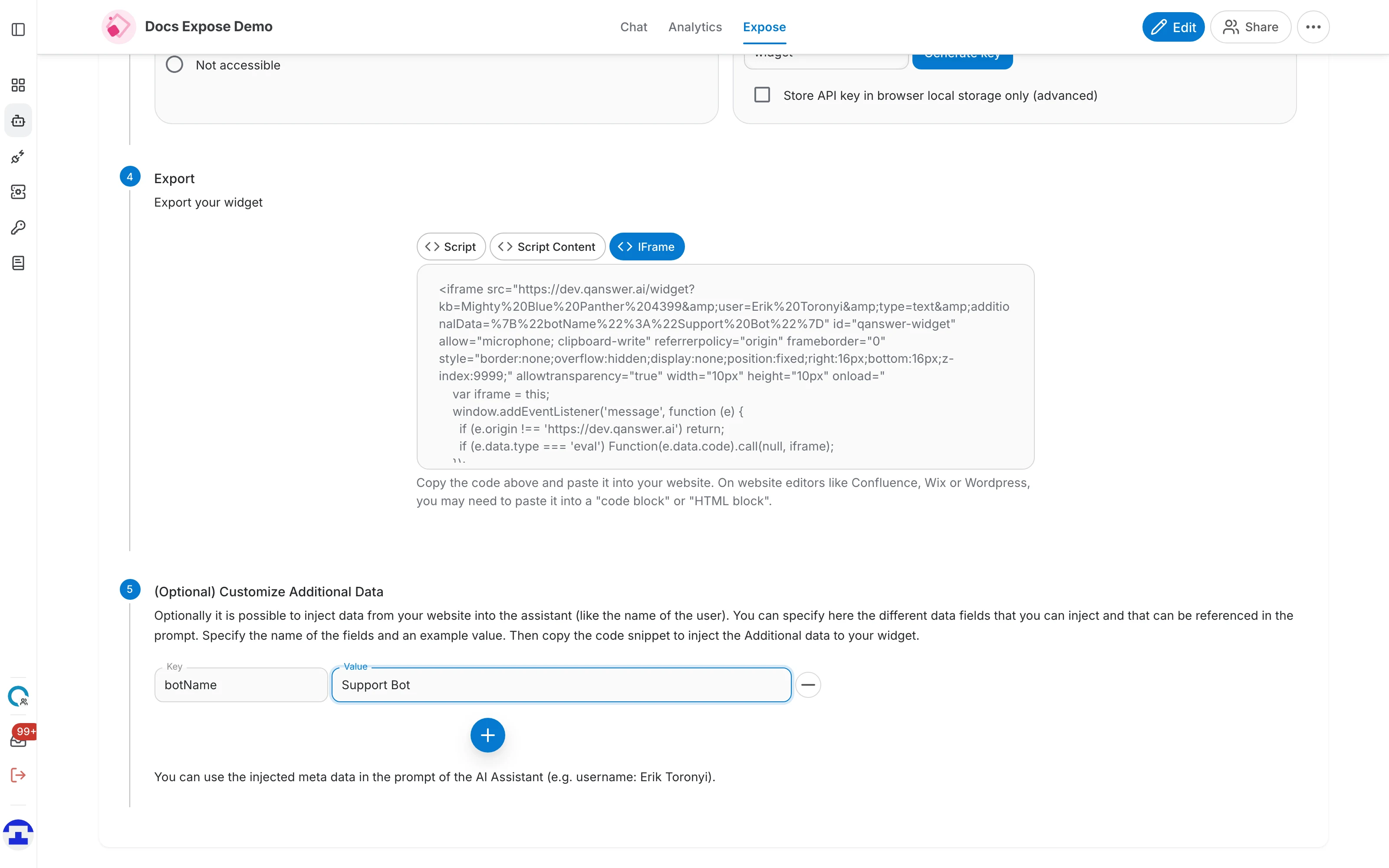 Step 5, with a botName / Support Bot key-value pair and the resulting snippet above it