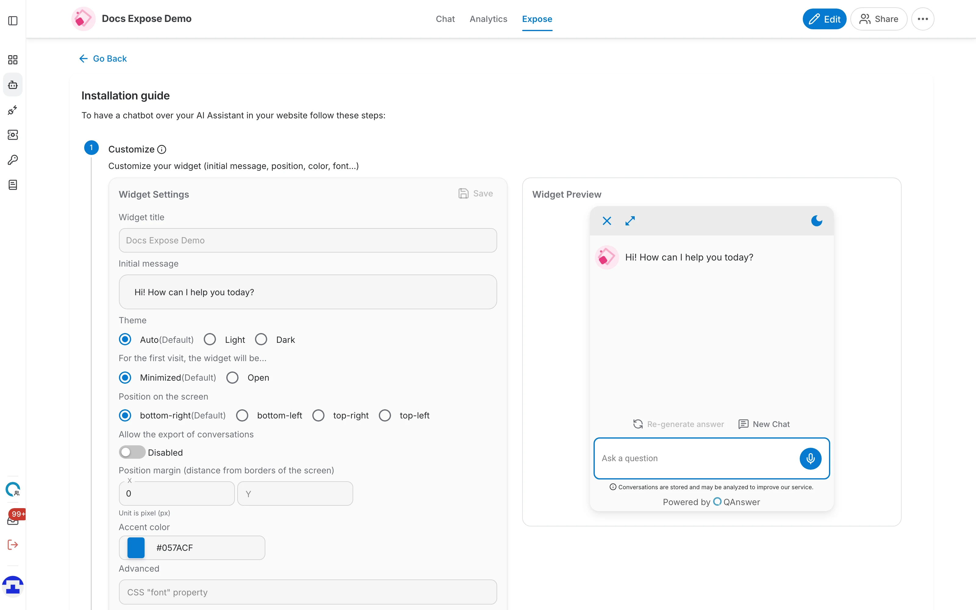 Step 1 of the installation guide, with Widget Settings on the left and a live Widget Preview on the right