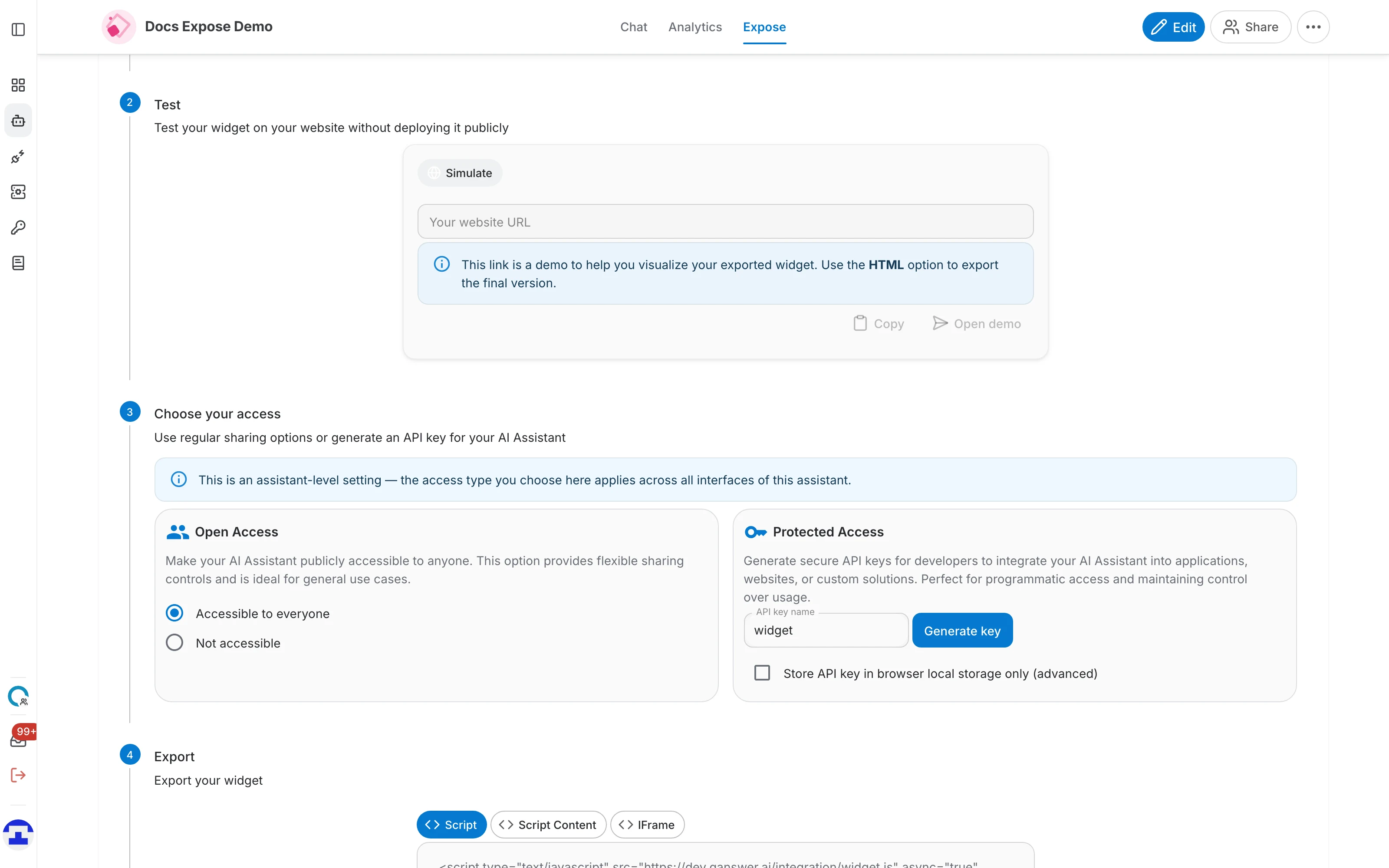 Step 2, Test, with the Simulate chip, a website URL field and the Copy and Open demo actions