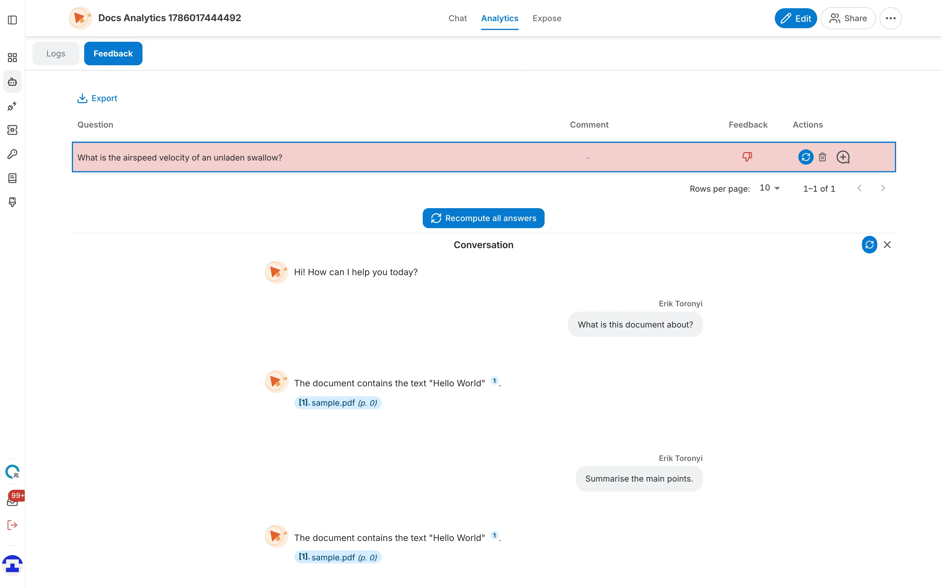 The conversation panel below the feedback table