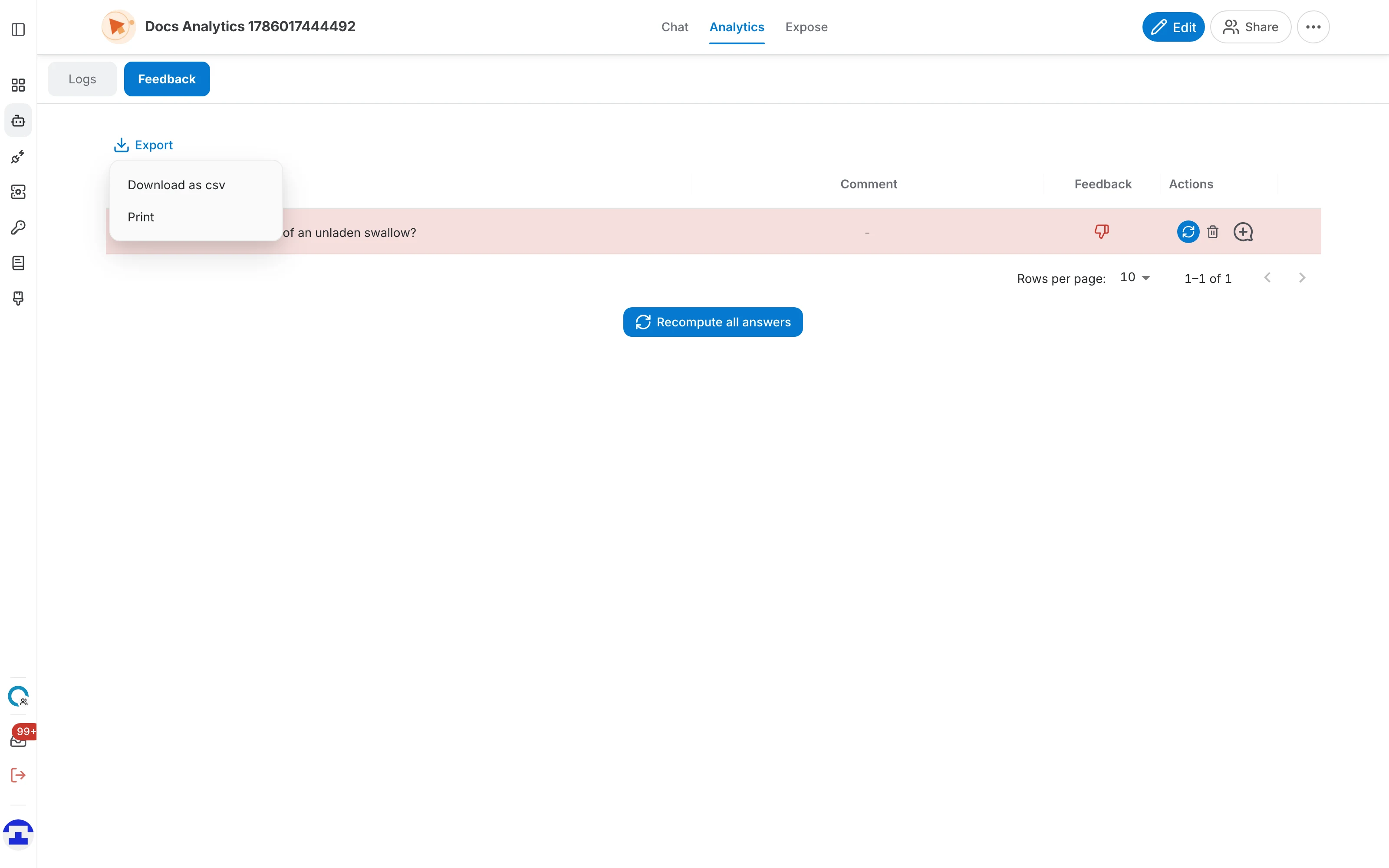The feedback export menu
