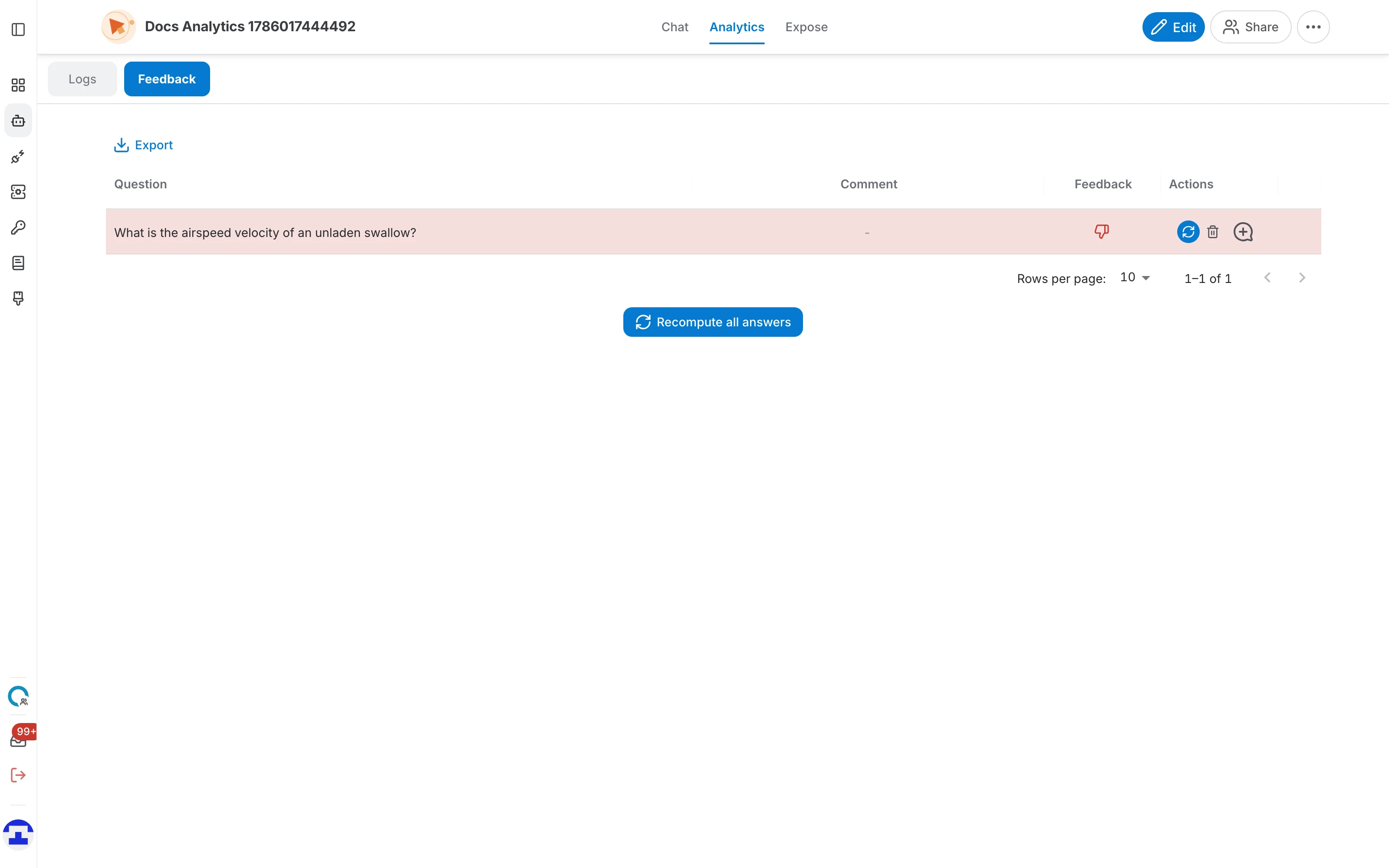 The Feedback tab of an AI assistant