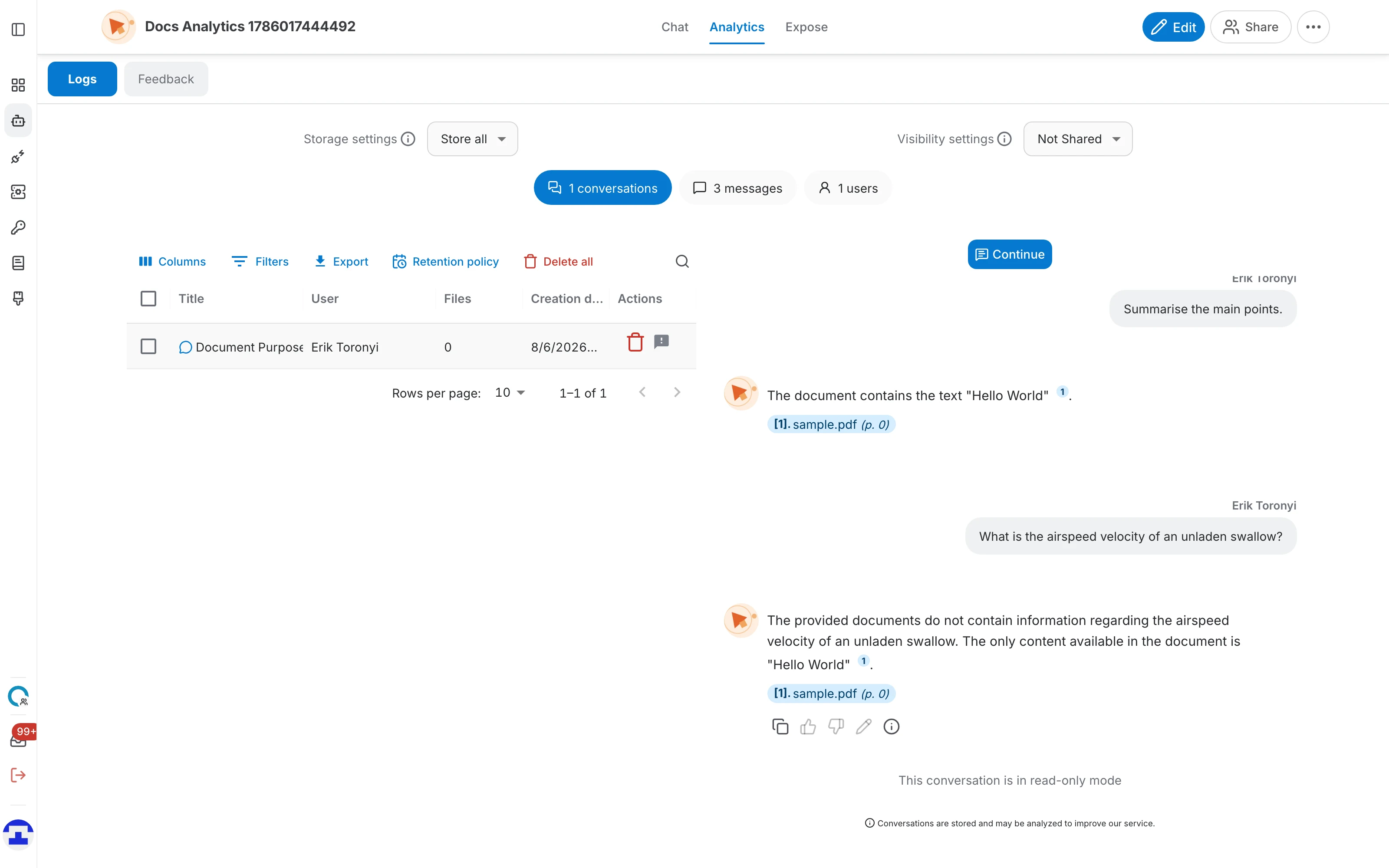 A single conversation opened from the logs