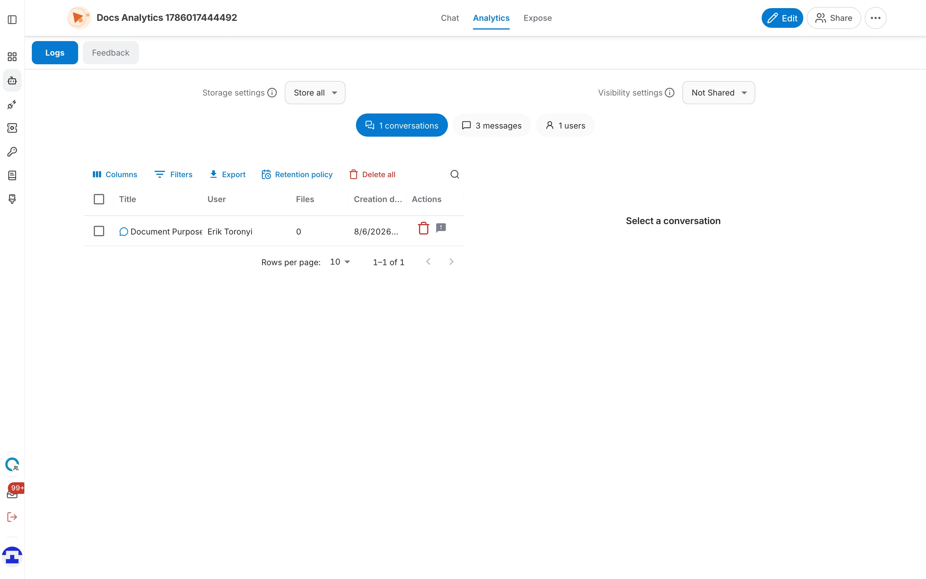 The Logs tab of an AI assistant