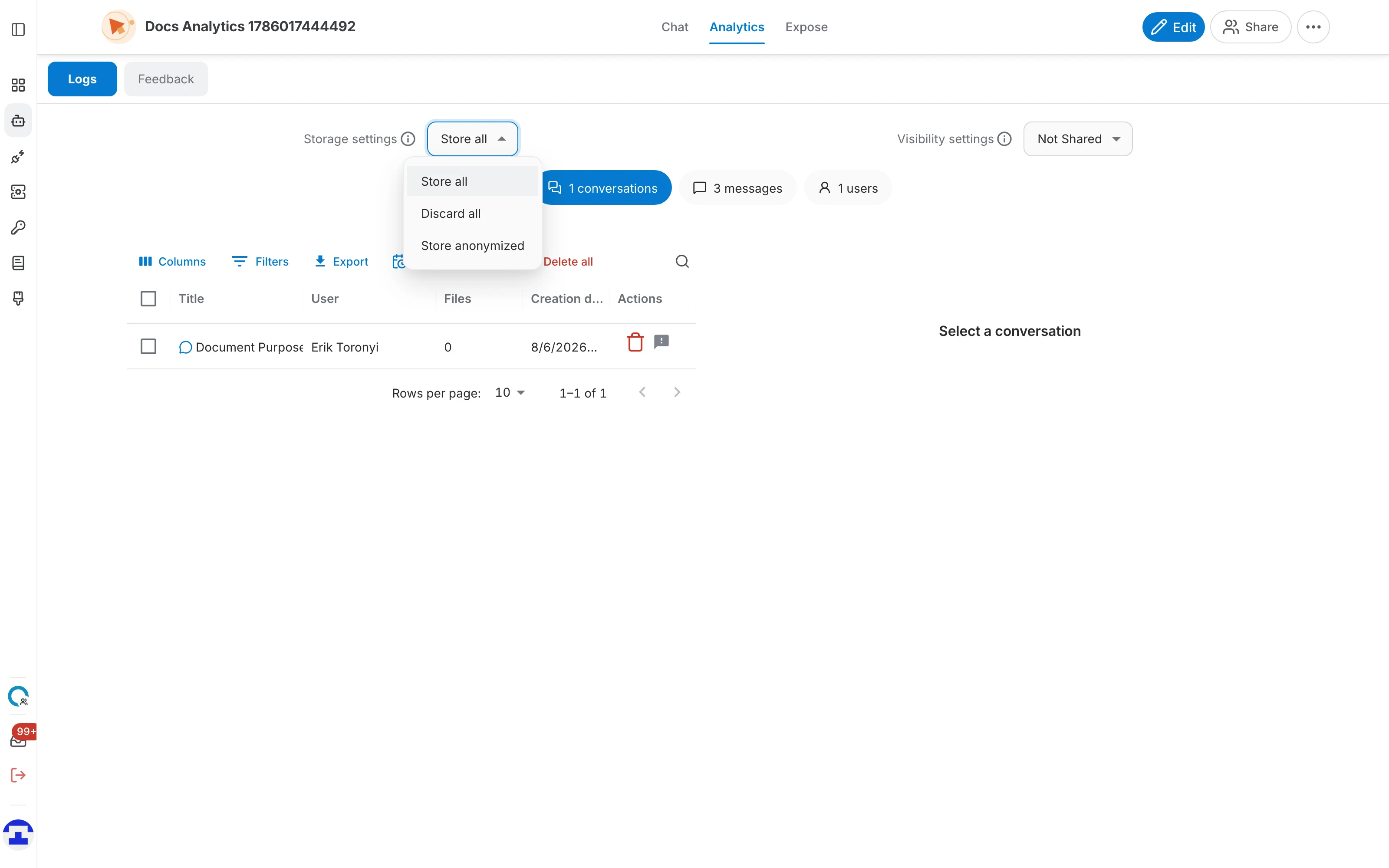 The Storage settings dropdown