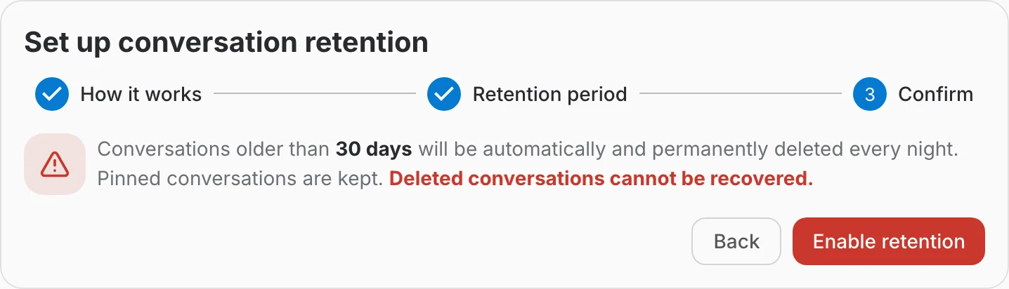 Step 3 of the retention setup, confirming that deletion is permanent