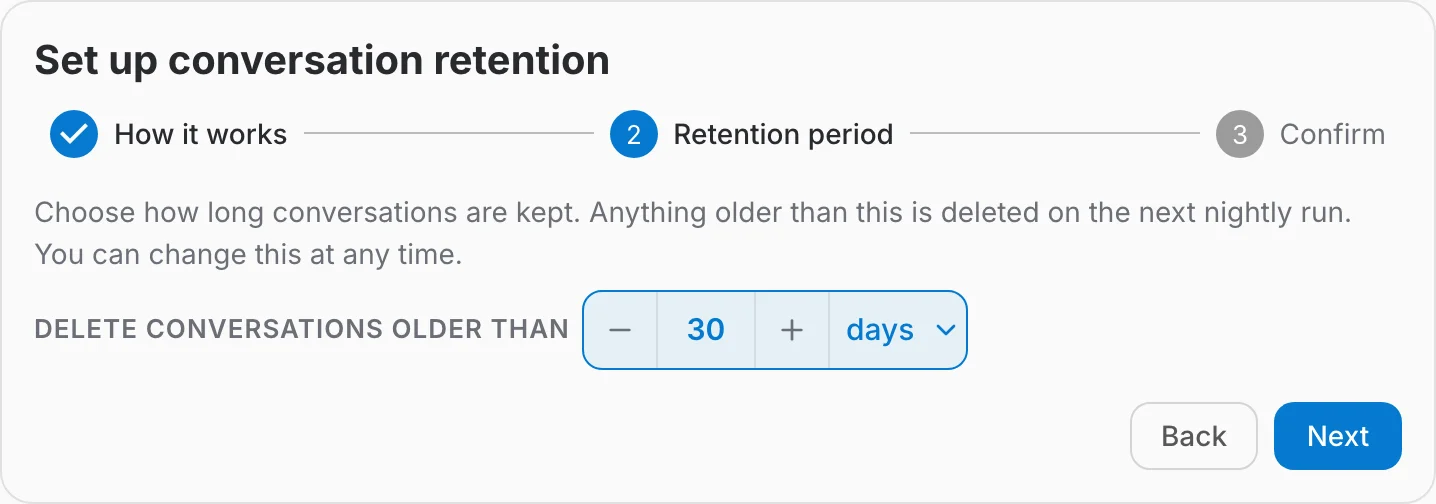 Step 2 of the retention setup, choosing the retention period